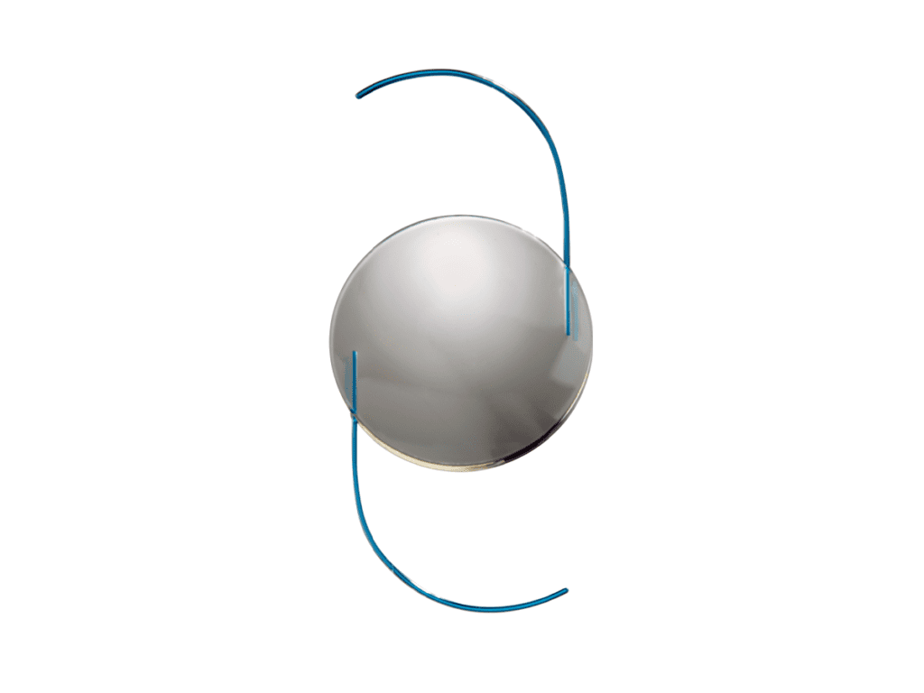 Illustration of an intraocular lens implant with curved haptics on a white background.